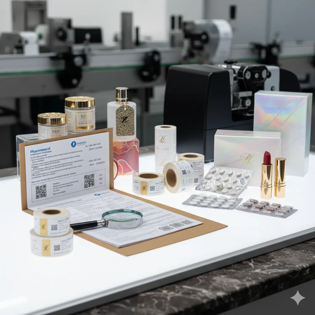 Kosmetikprodukte mit Etiketten im Regal