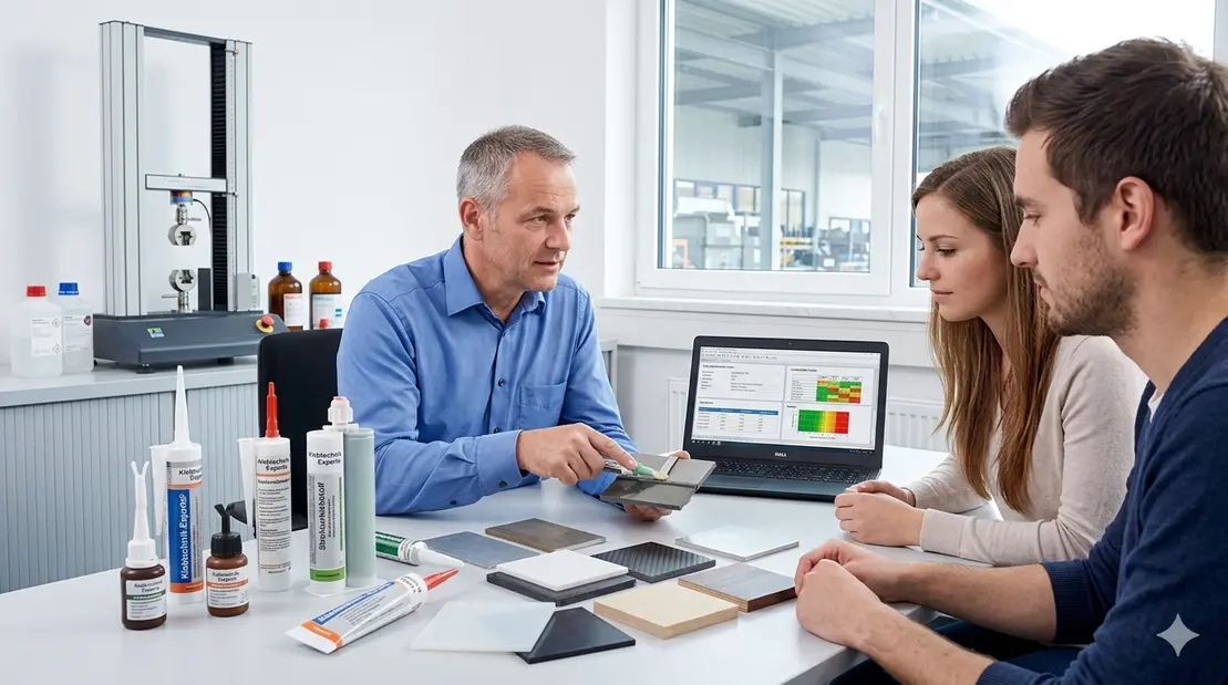 Verschiedene Etikettenmaterialien werden auf einem Tisch verglichen