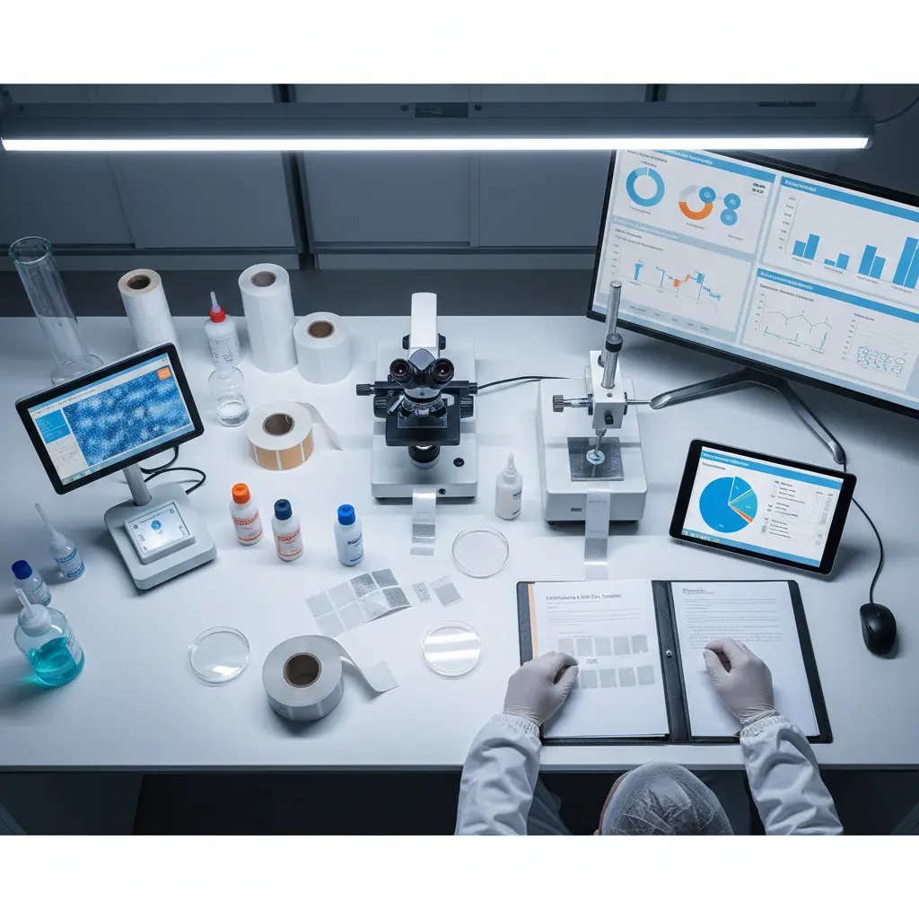 Analyse verschiedener Etikettenmaterialien und Klebstoffe auf einem Tisch