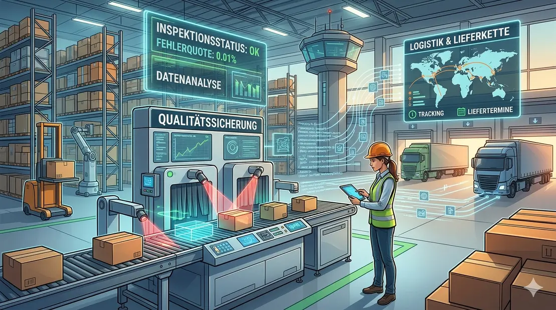 Mitarbeiter prüft etikettierte Kartons im Lager