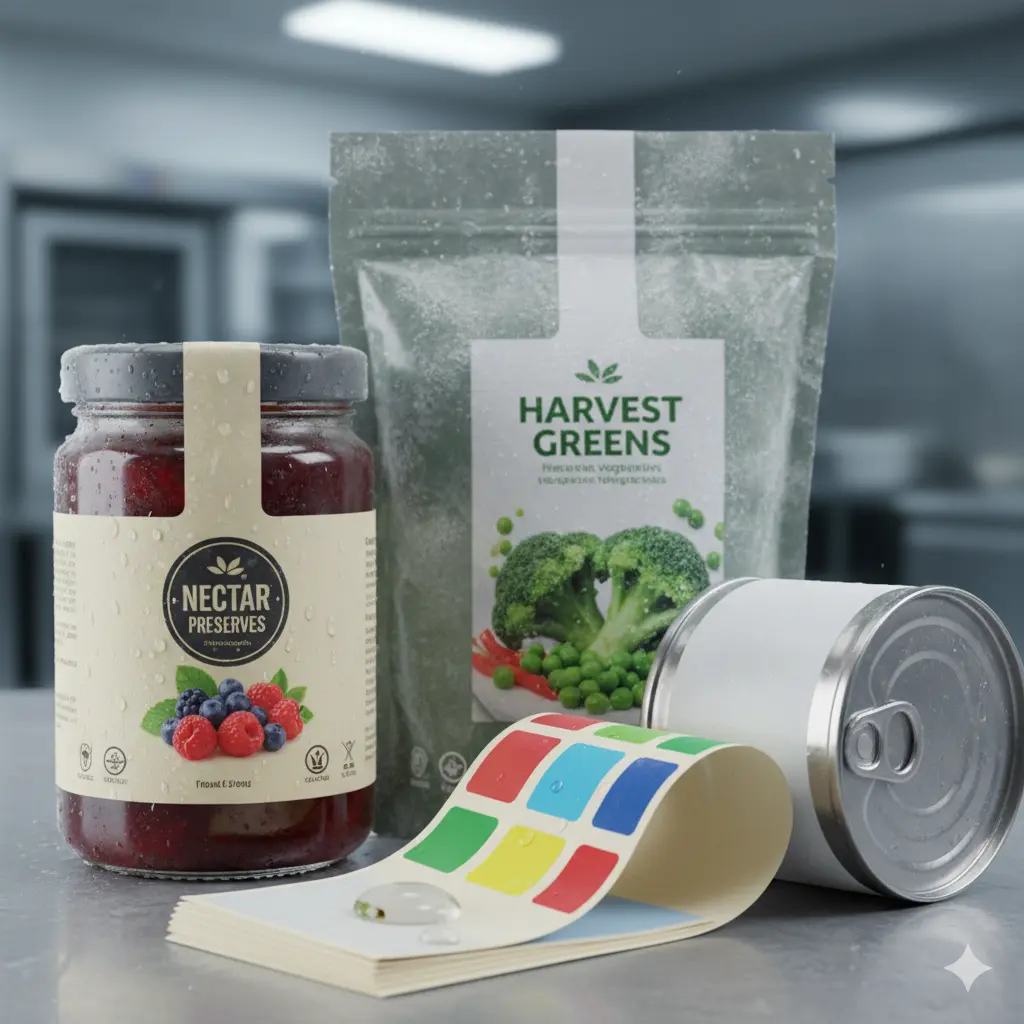 Lebensmittelverpackungen mit Etiketten im Kühlregal