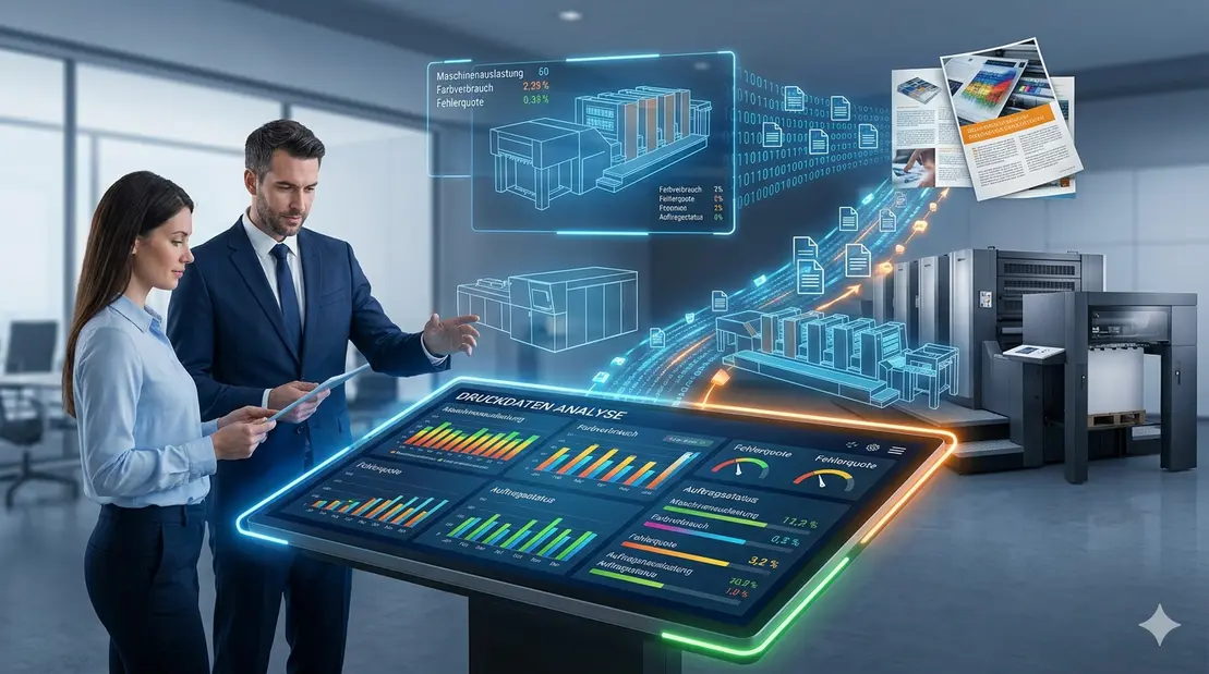 Experte prüft Druckdaten und Layouts am Bildschirm