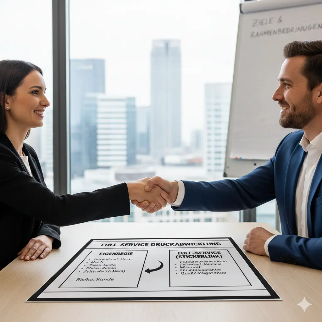 Team bespricht Druckprojekte und Unterlagen am Tisch